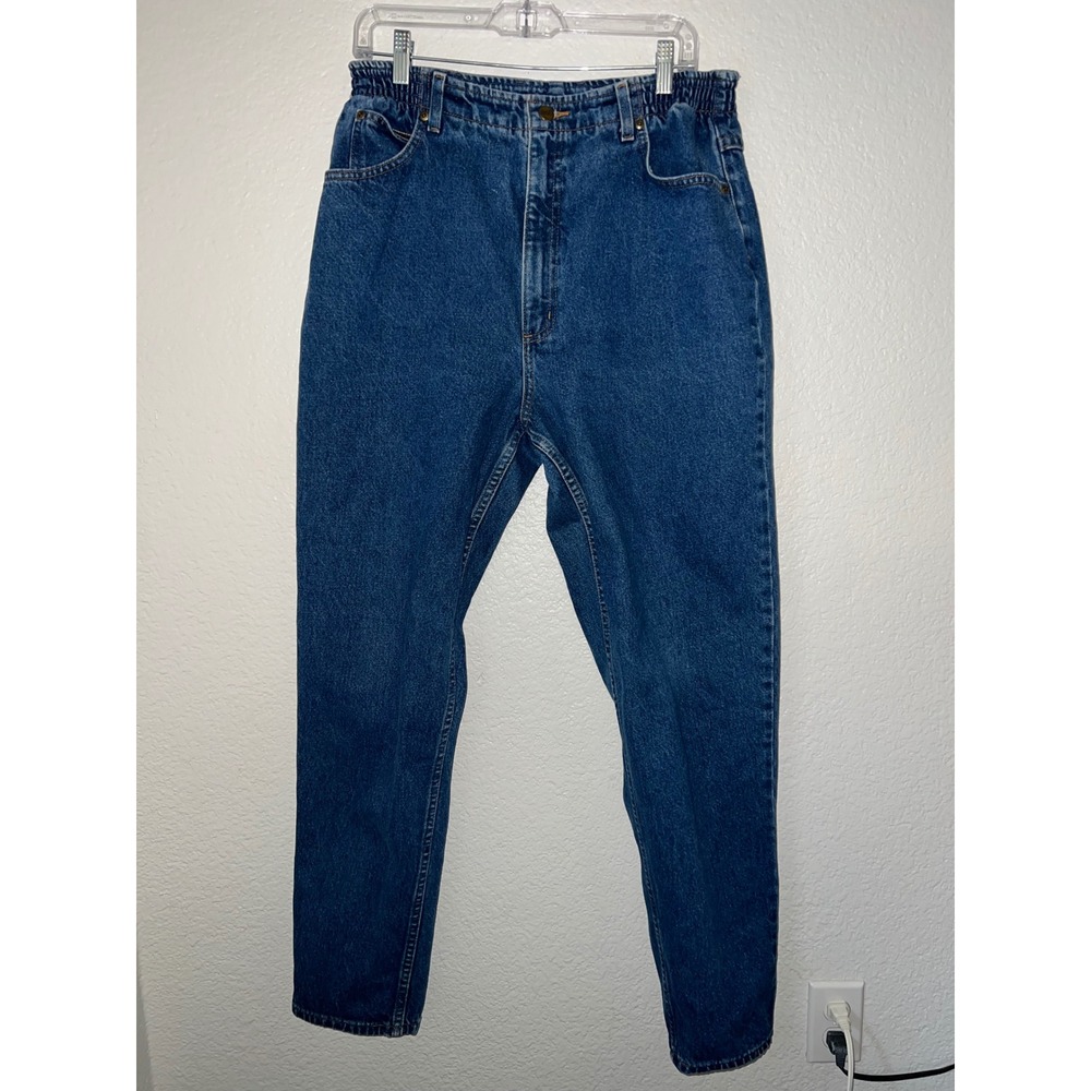 Vintage High Waisted Mom Jeans Medium Wash Elastic Waist Tapered Leg Blue SZ 32